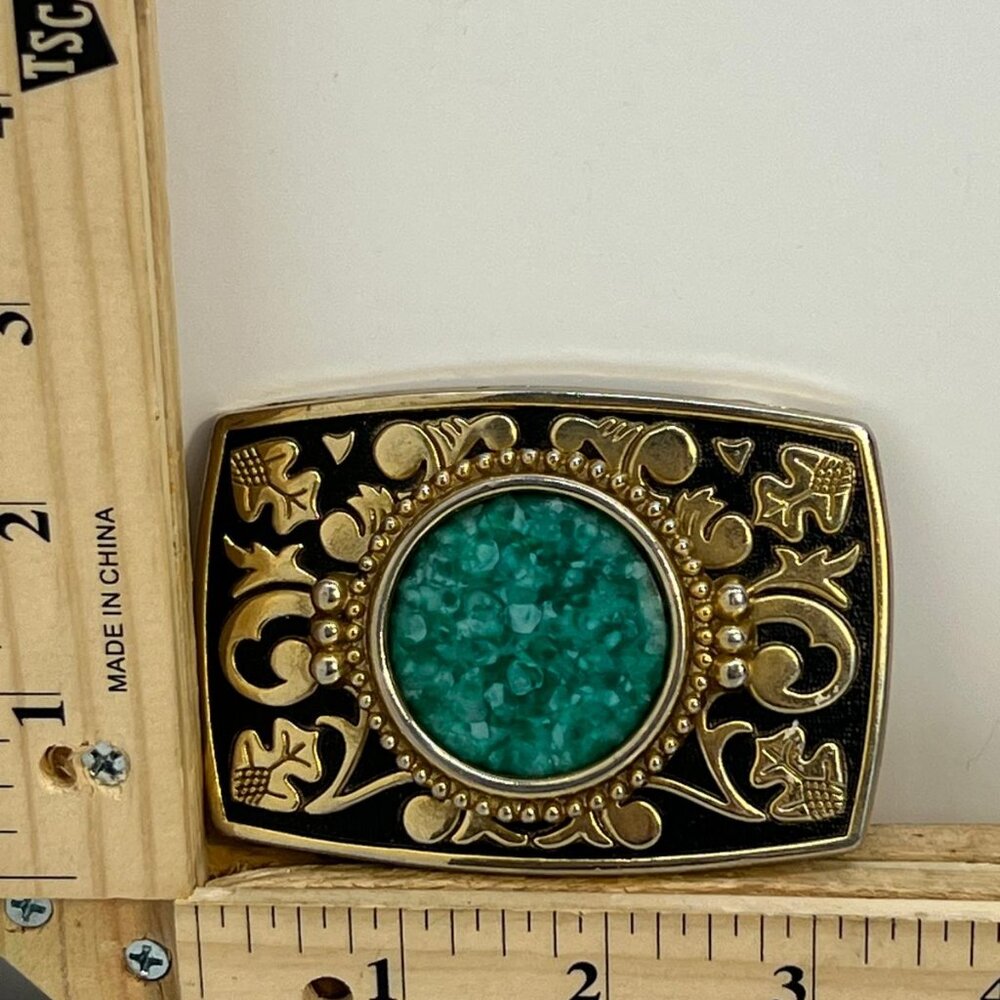 Vintage Gold Black Belt Buckle Black Green Stone Western Ornate Statement